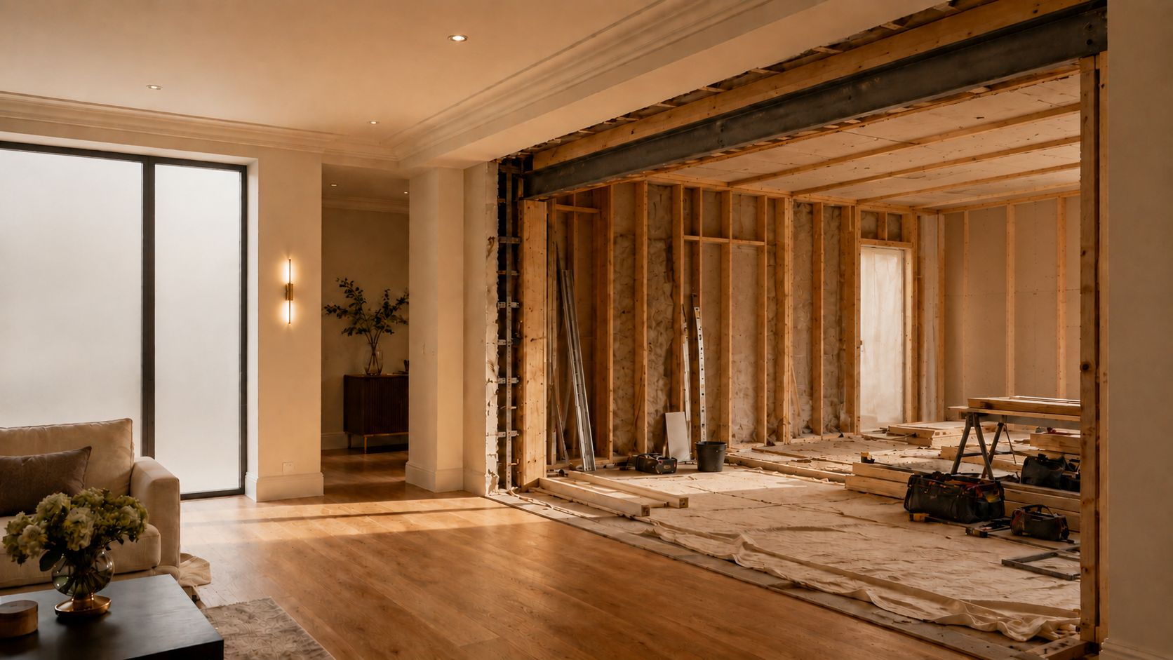 Home mid-renovation, open living space
